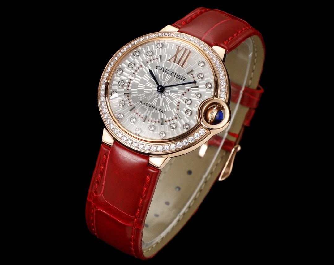 Cartier Cartier Ballon Bleu Rose Gold Diamond Bezel Paved Dial Red Leather Automatic Ladies Watch