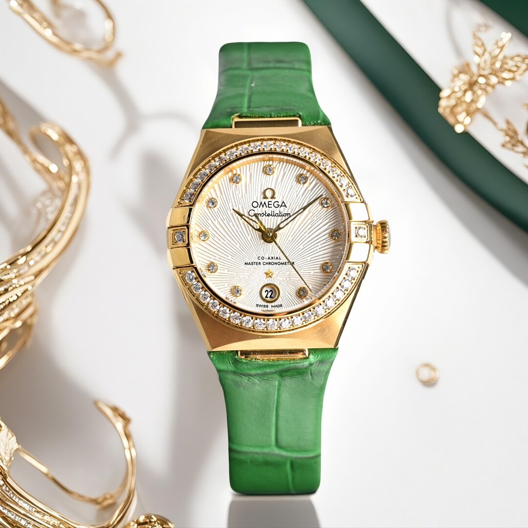 Omega Omega Constellation Yellow Gold Diamond Silver Dial Alligator Ladies Watch