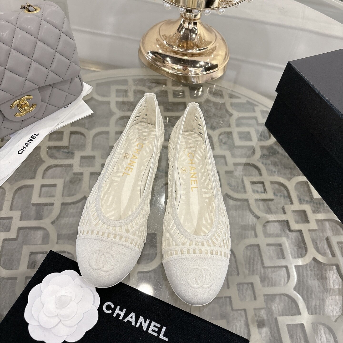 Chanel Off White Hollow Mesh Embroidered CC Round Toe Breathable Ballet Flats