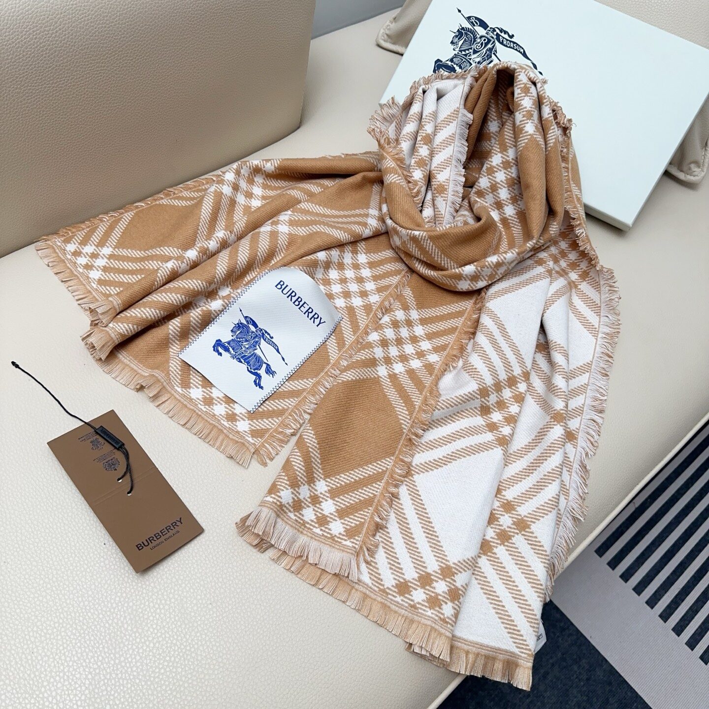 Burberry Burberry Camel‑White Check Fringe Scarf