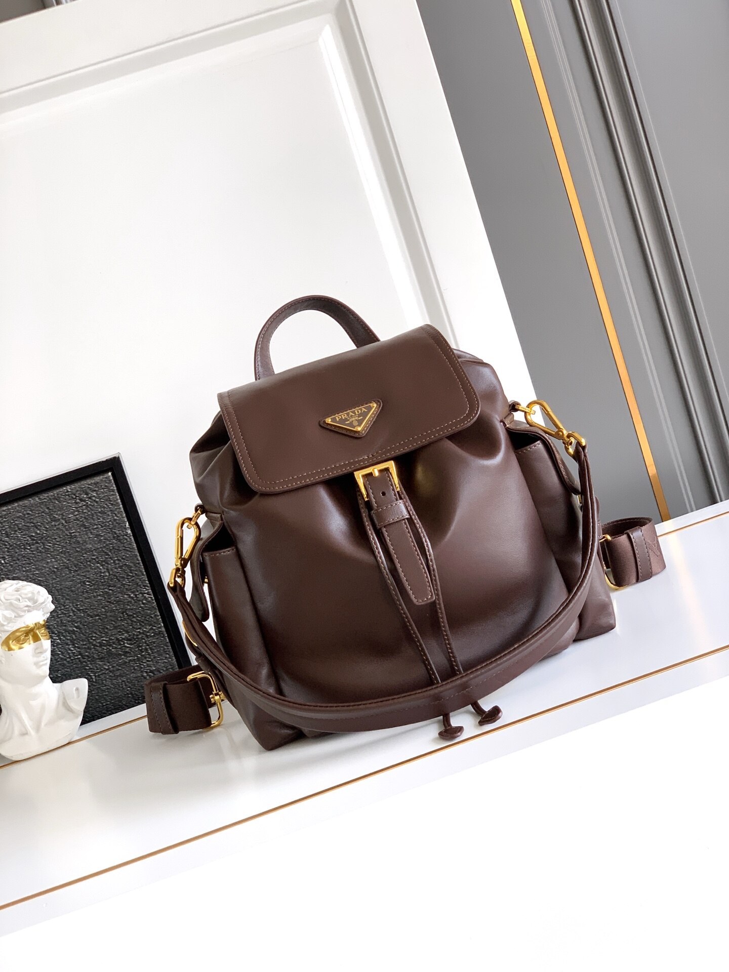 Prada Prada Dark Brown Leather Flap Drawstring Backpack Triangle Logo