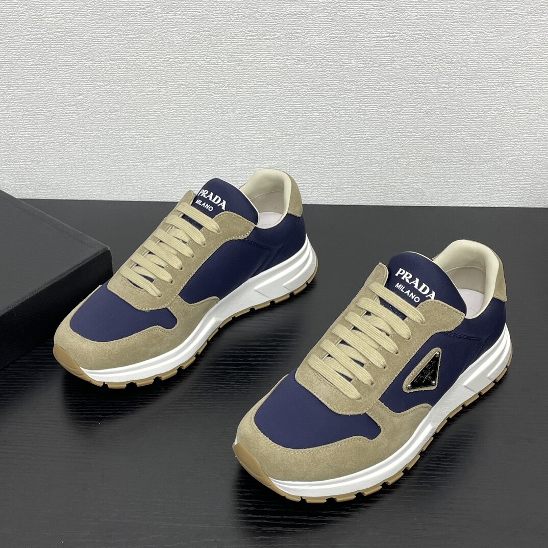 Prada Navy Fabric Khaki Suede Metal Triangle Logo Platform Lace-Up Sneakers