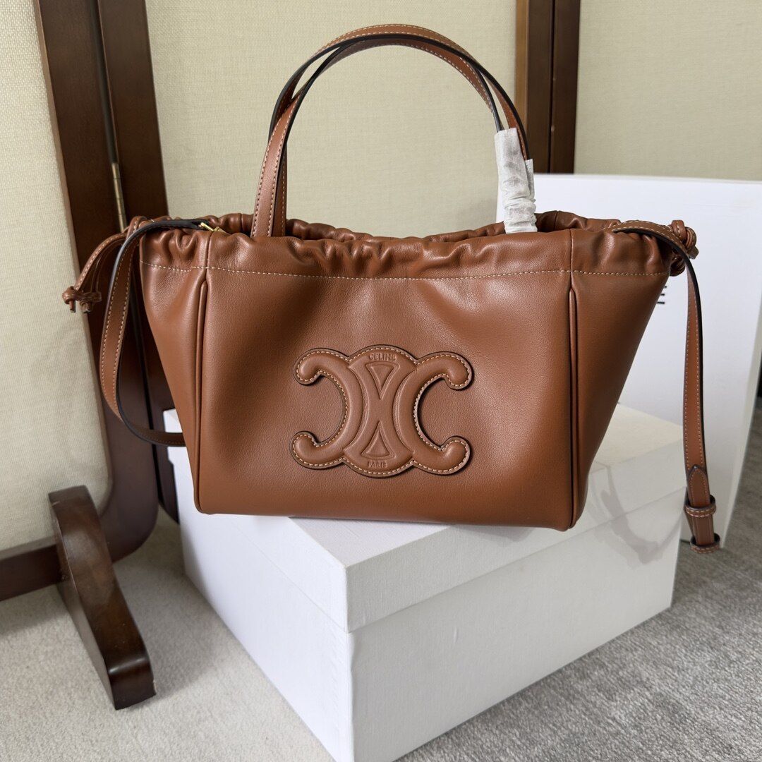 Celine Caramel Smooth Leather Drawstring Triomphe Hand Tote Bag