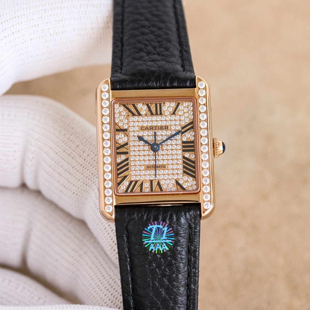 Cartier Cartier Tank Yellow Gold Diamond Bezel Full Paved Dial Black Leather Ladies Automatic Watch