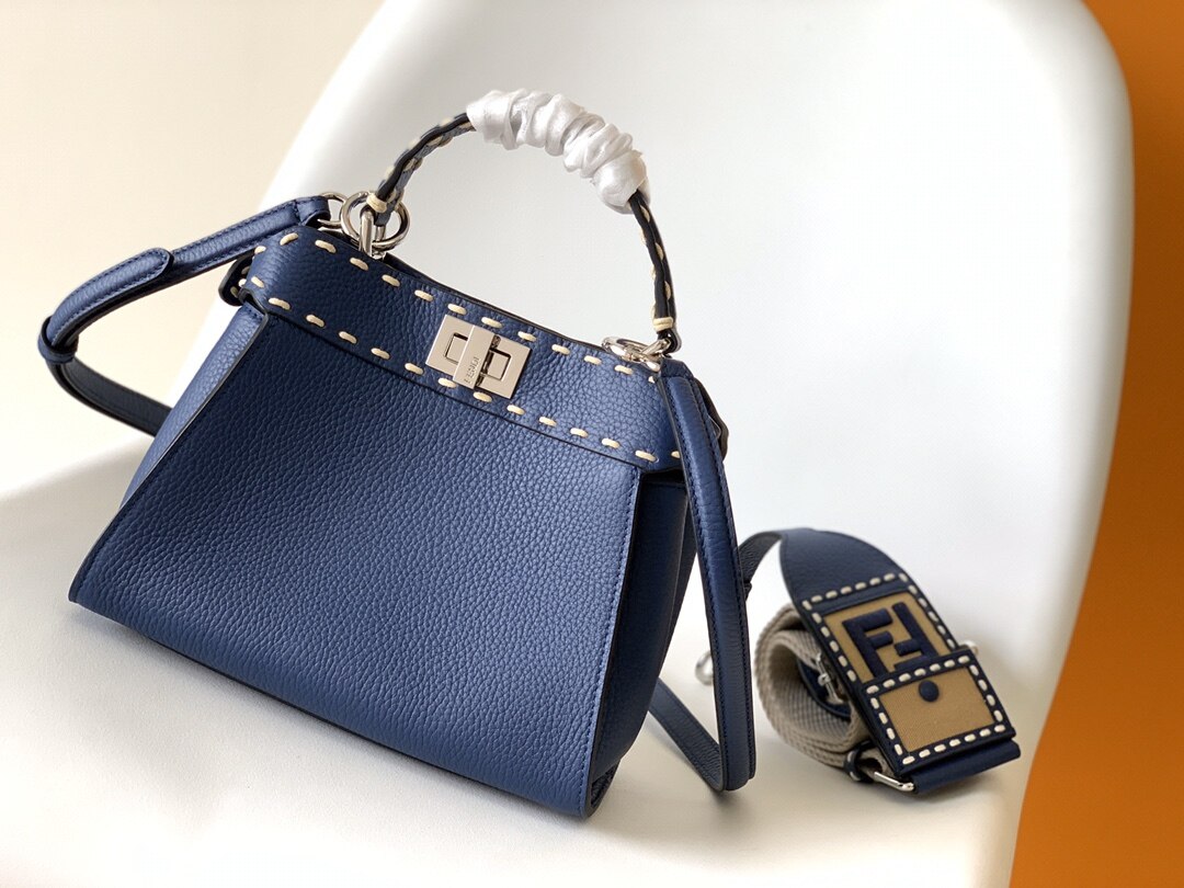 Fendi Peekaboo Mini Selleria Hand-Stitch Navy Grain Leather 2-Way Bag