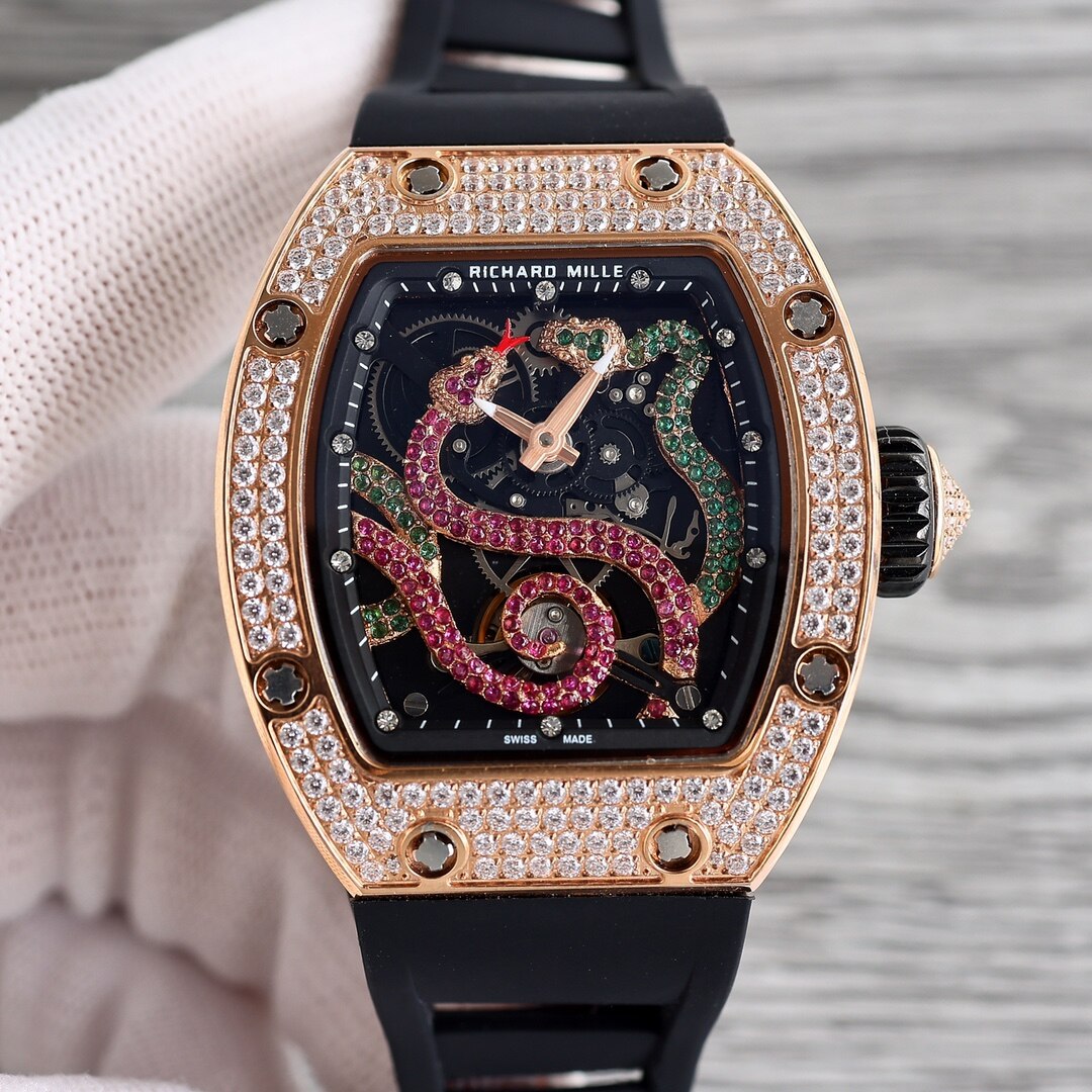 Richard Mille Richard Mille Rose‑Gold Diamond‑Set Snake Skeleton Rubber Men Watch