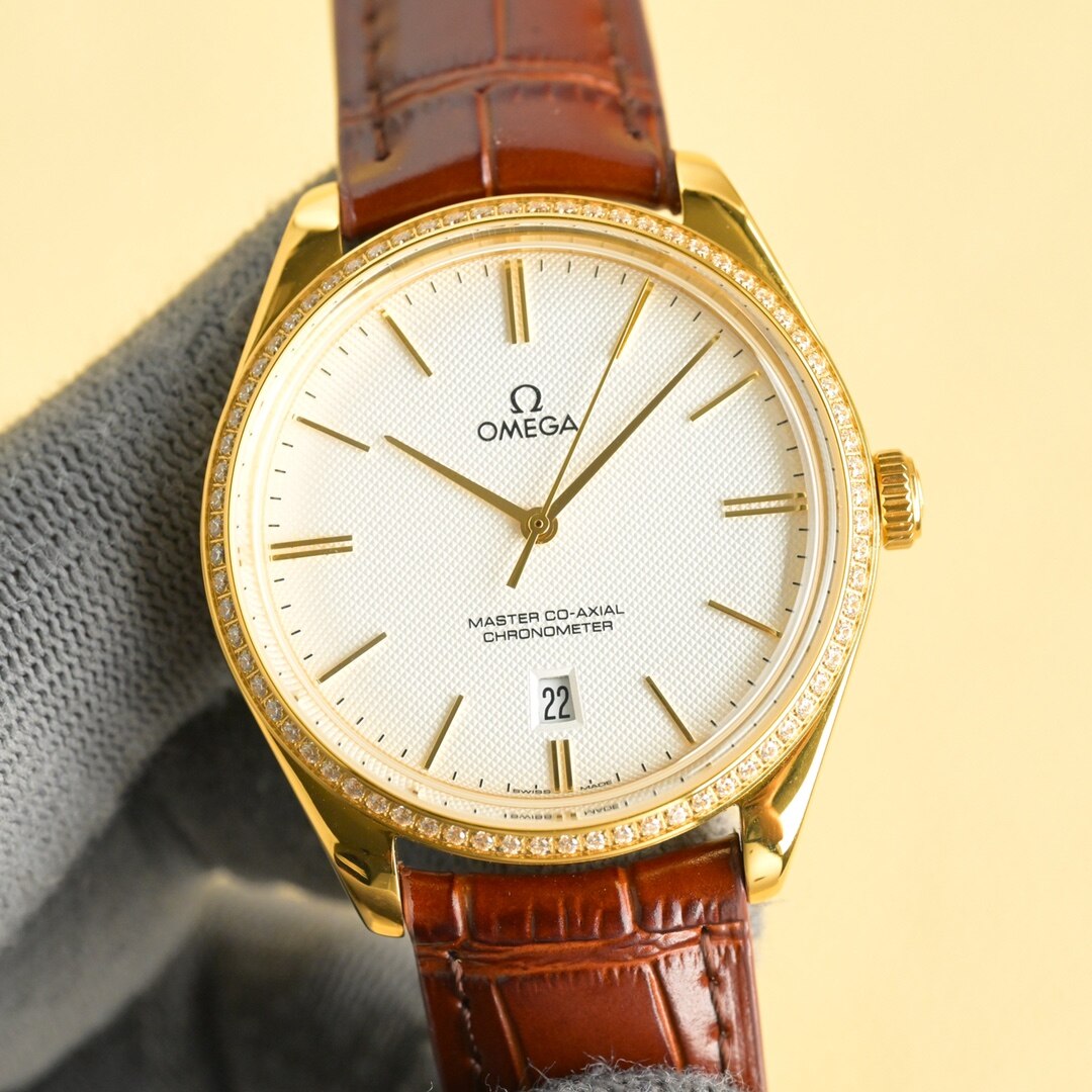 Omega Omega De Ville Yellow Gold Diamond Bezel White Dial Brown Alligator Automatic Watch