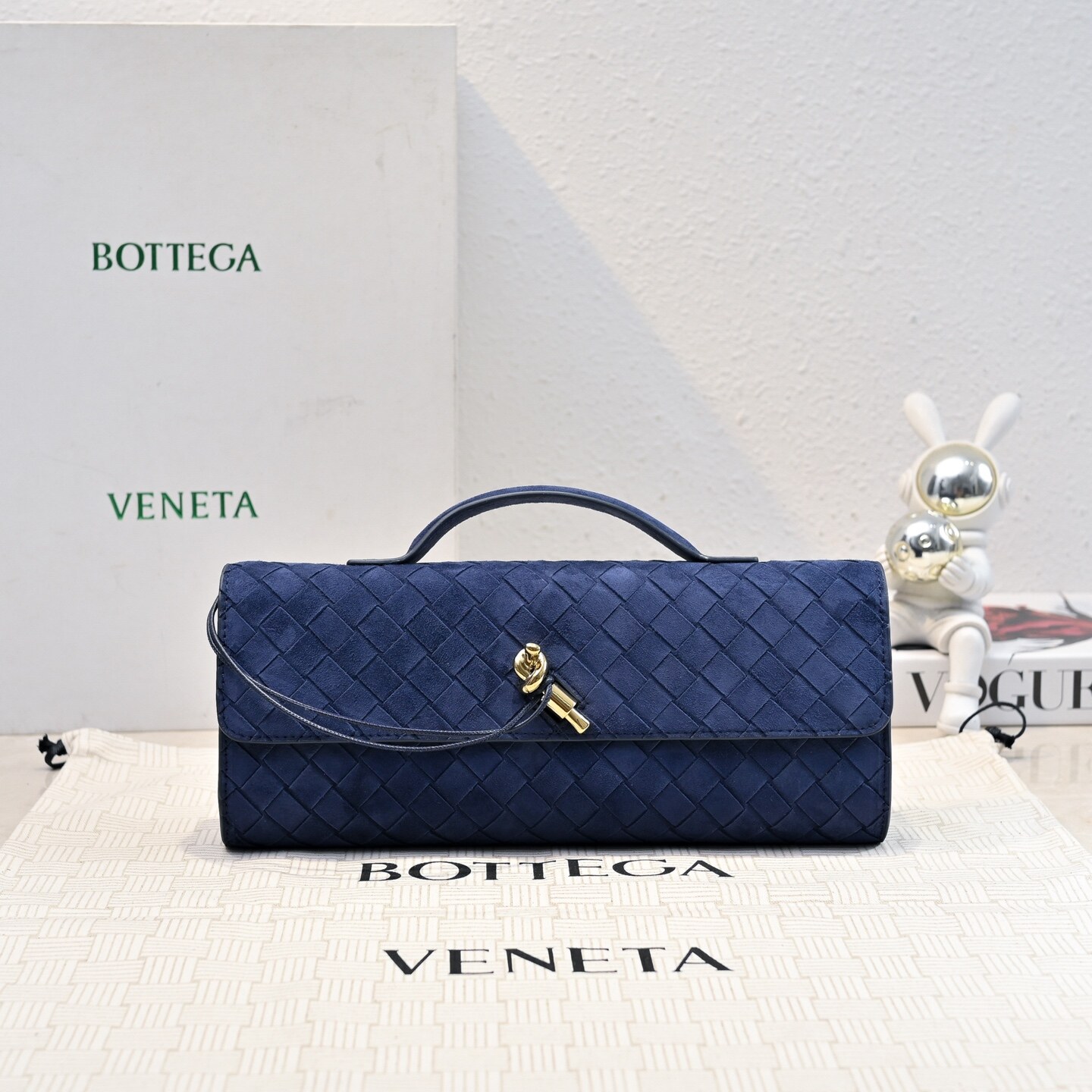 Bottega Veneta Navy Suede Woven Andiamo Long Clutch Handbag