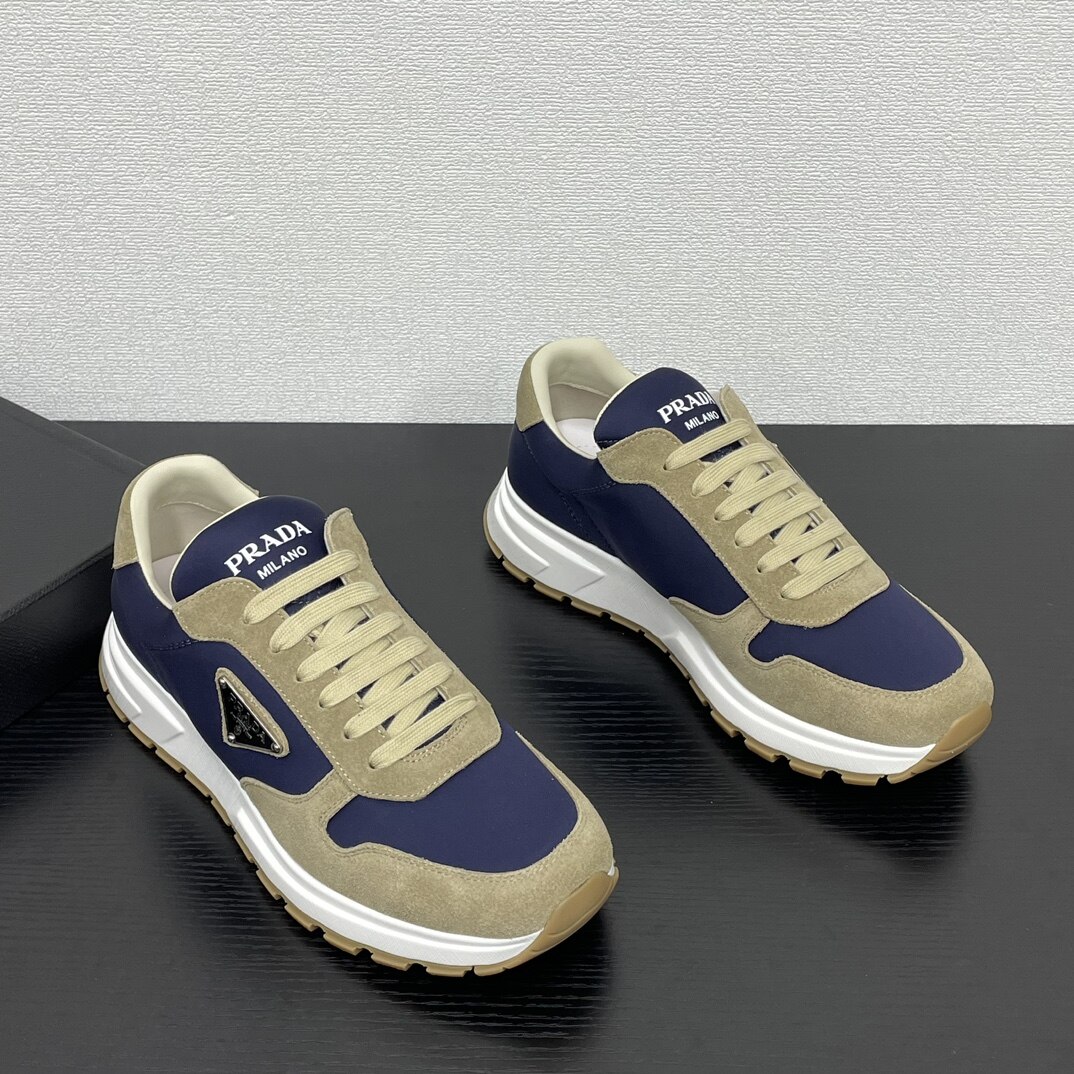 Prada  Navy Fabric Khaki Suede Metal Triangle Logo Platform Lace-Up Sneakers