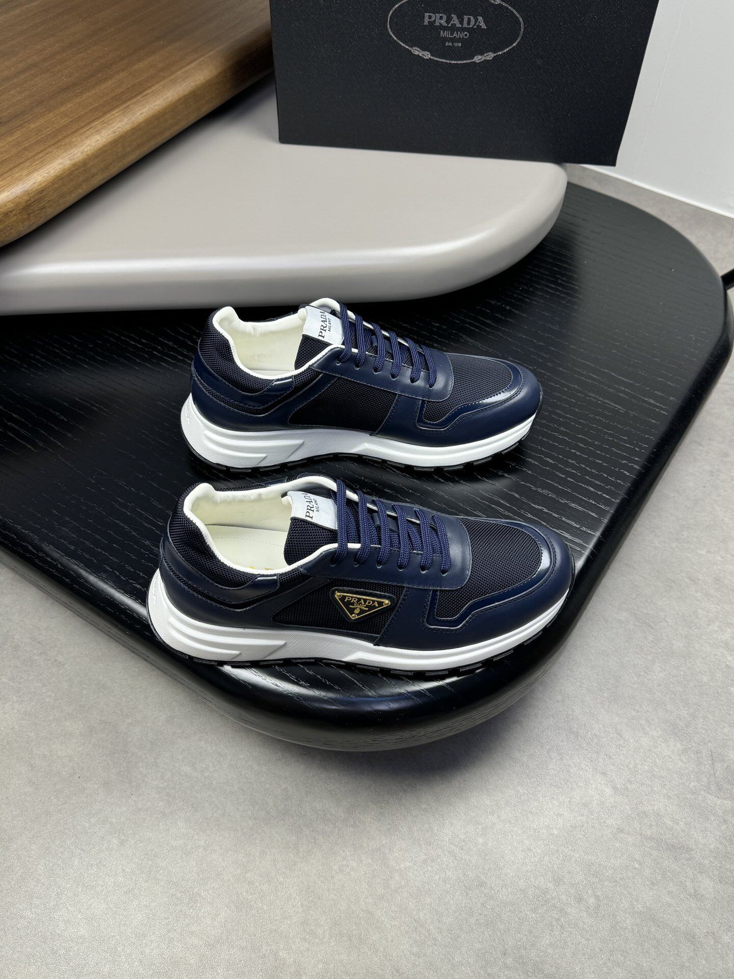 Prada Navy Mesh & Smooth Leather Gold Triangle Logo Low Top Platform Sneakers