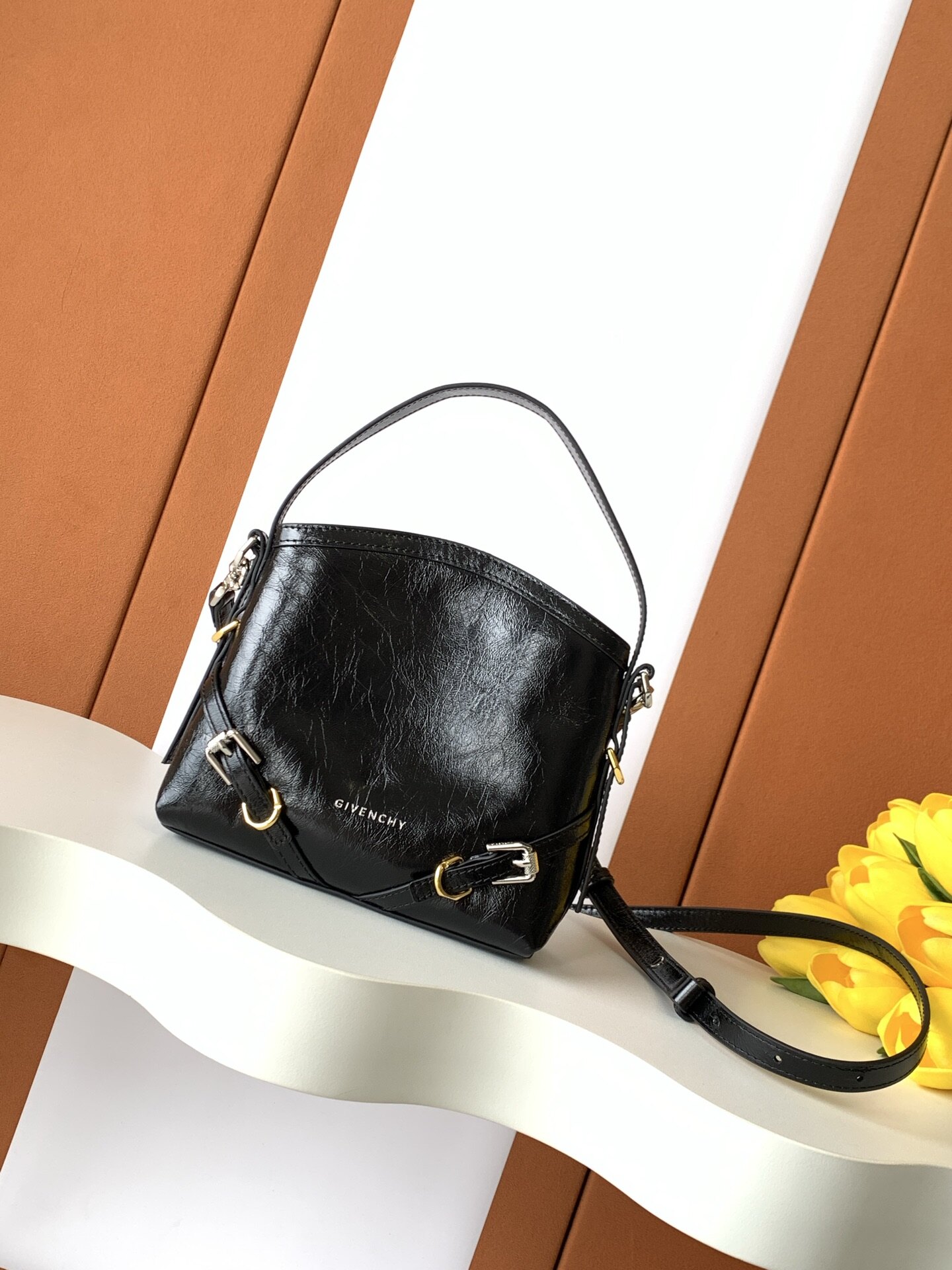 Givenchy Black Crinkled Wax Leather Voyou Mini Bucket Crossbody Hand Bag