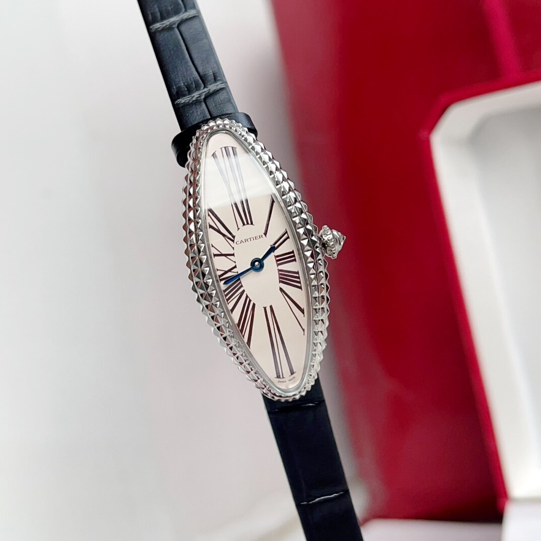 Cartier Cartier Baignoire Oval Watch Steel Serrated Bezel White Dial Roman Numerals Black Alligator Leather 