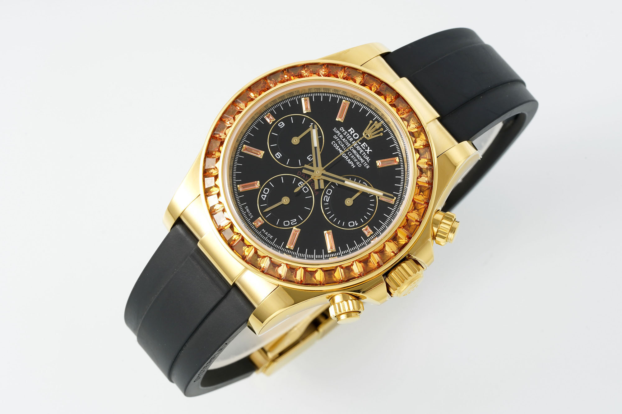 Rolex Rolex Cosmograph Daytona 18K Yellow Gold Orange Gem Bezel Black Dial Diamond Markers Black Rubber St