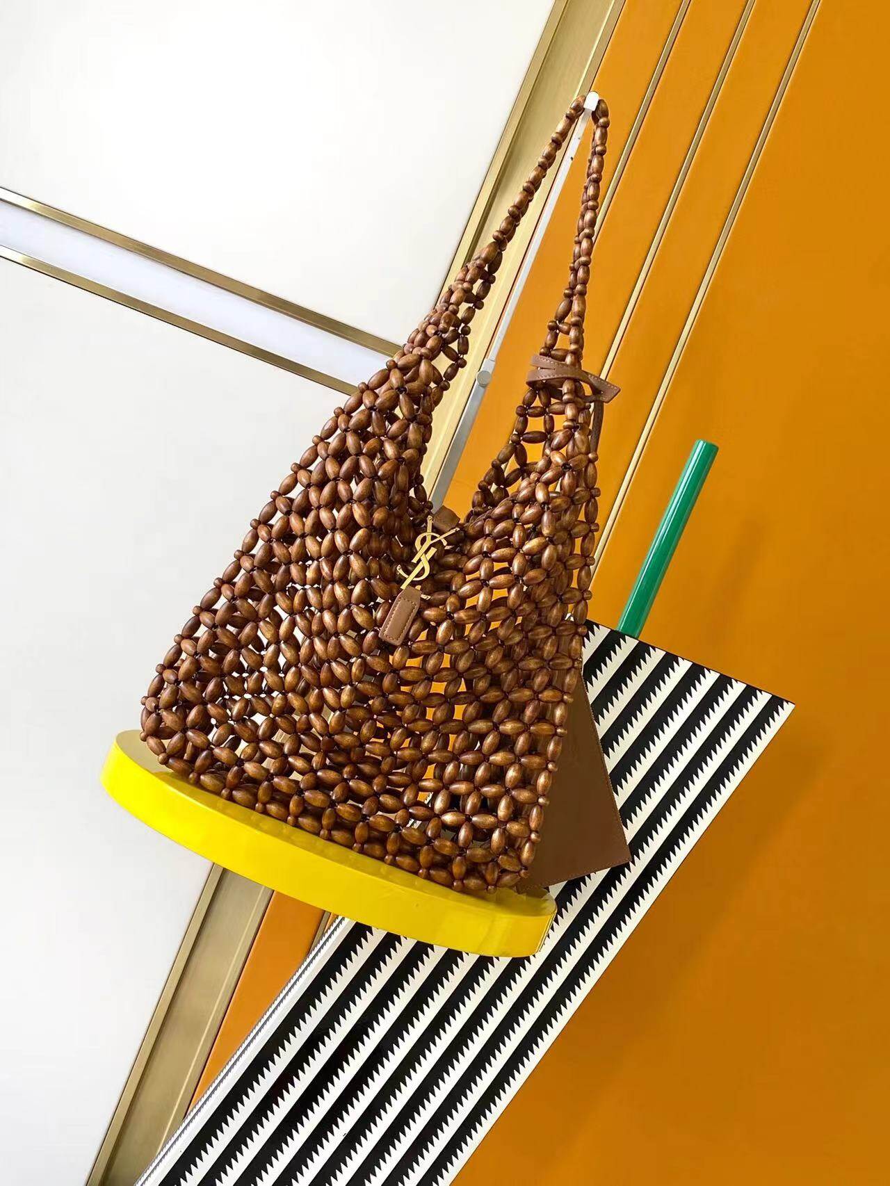 Saint Laurent  Saint Laurent Brown Wood Bead Woven Vacation Tote Handbag