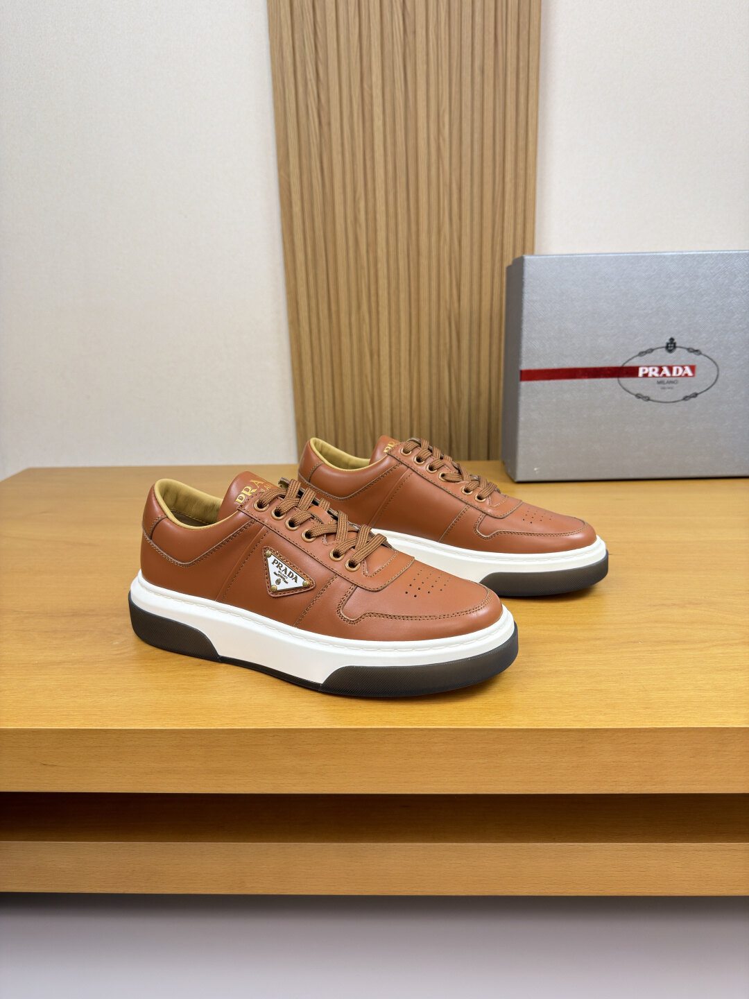 Prada Brown Smooth Leather Metal Triangle Logo Low-Top Platform Sneakers