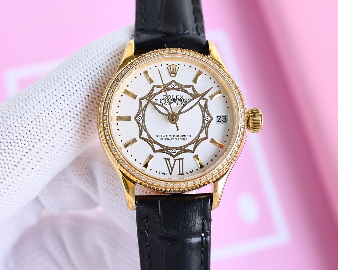 Rolex Rolex Datejust 18K Yellow Gold Diamond Bezel White Engraved Dial Black Leather Strap Ladies Watch