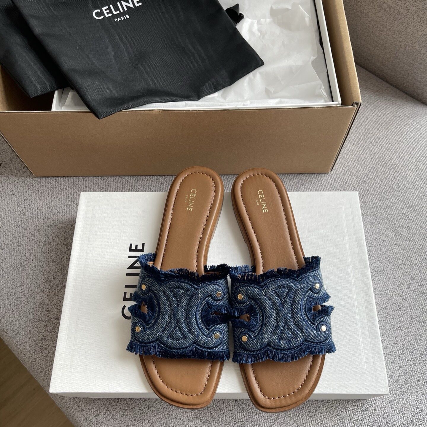 Celine Blue Denim Fringe Triomphe Embroidery Rivet Flat Slide Sandals  