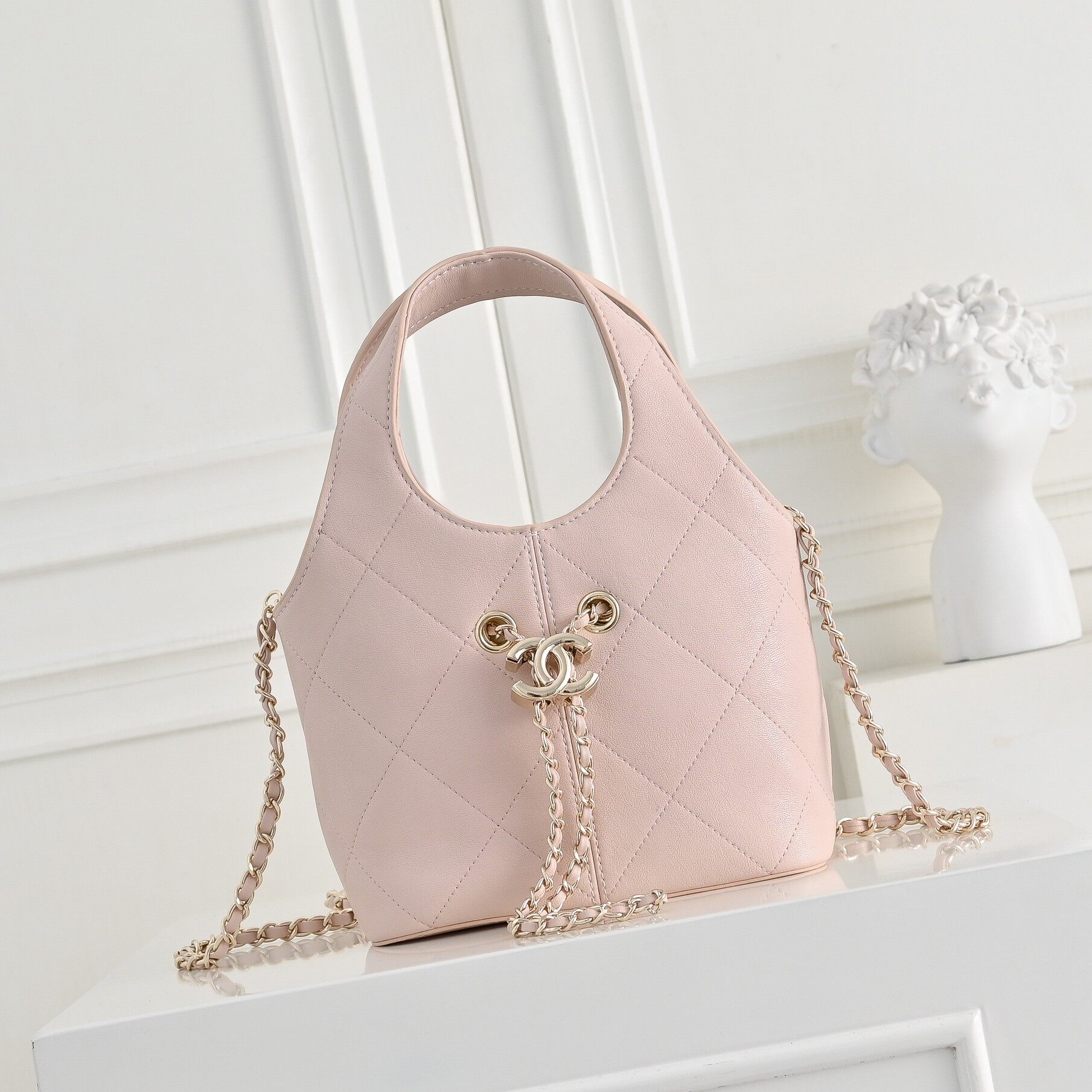 Chanel Chanel Light Pink Quilted Drawstring Bucket Bag