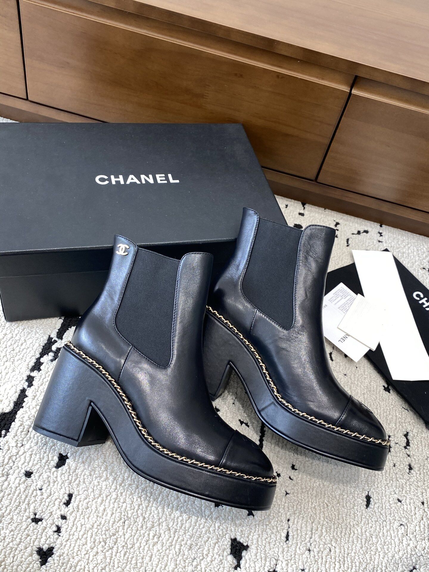 Chanel Black Smooth Leather Metal Chain Platform Block Heel Chelsea Ankle Boots