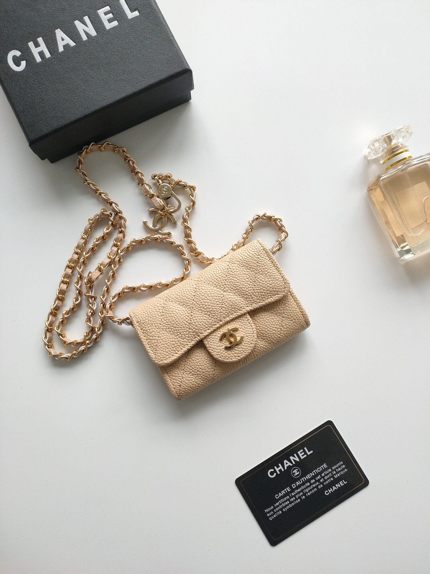 Chanel  Chanel Beige Caviar Chain Crossbody Mini Bag