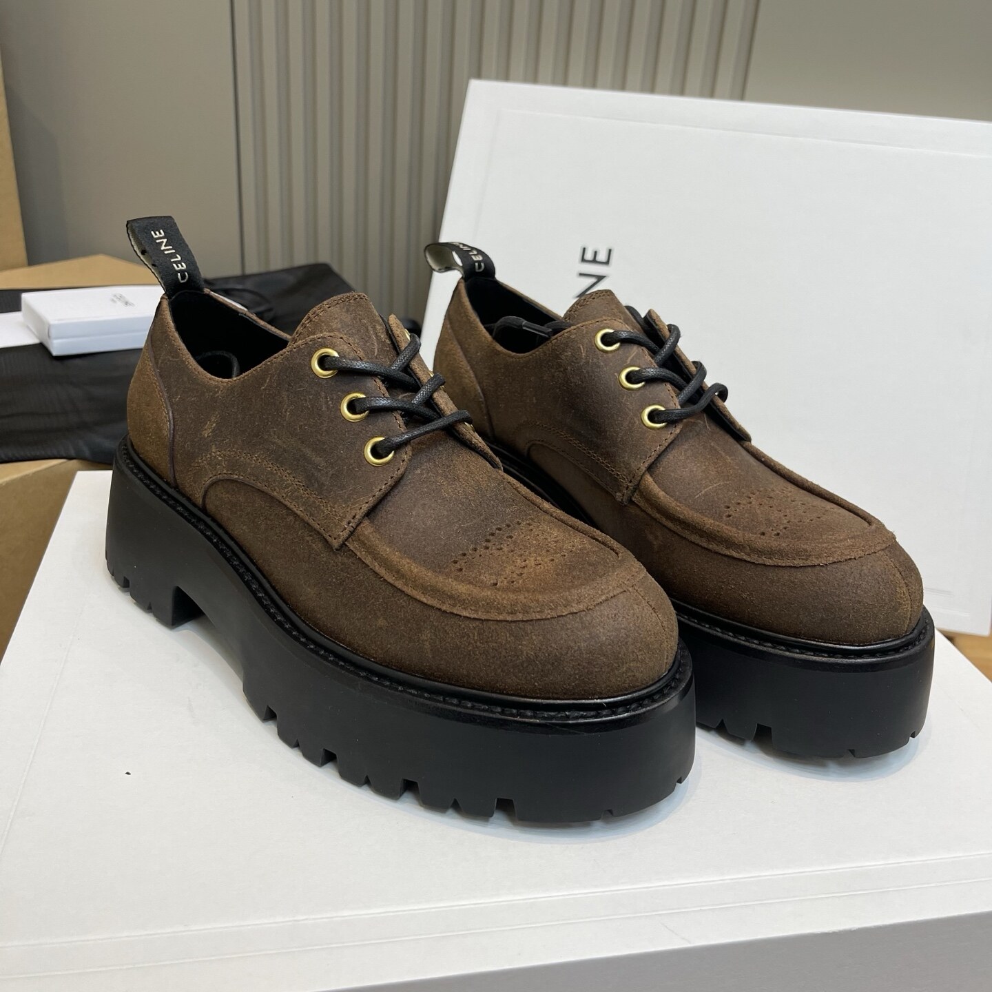 Celine  Dark Brown Vintage Suede Chunky Lug Sole Lace-Up Elevated Derby Shoes