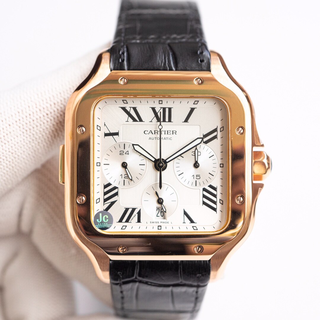 Cartier  Cartier Santos Solid Gold Chronograph White Dial Black Alligator Leather Automatic Watch
