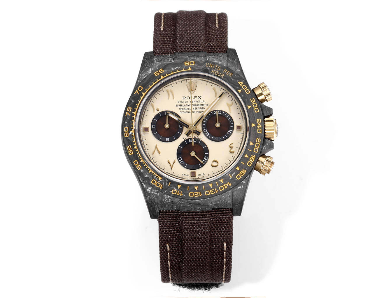 Rolex Rolex Cosmograph Daytona Carbon Case Cream Arabic Dial Ceramic Bezel Brown Canvas Strap Watch