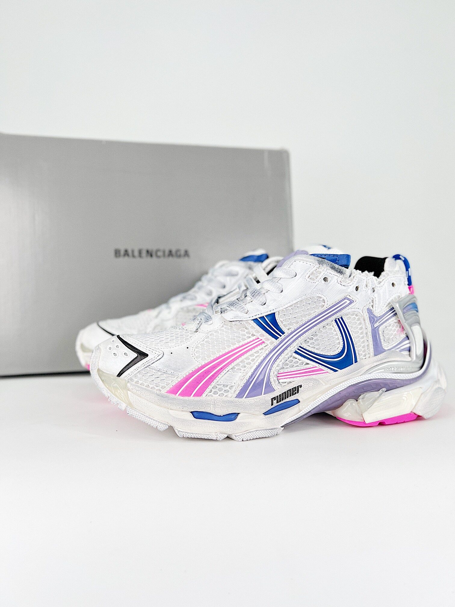 Balenciaga White Blue Pink Mesh Runner Distressed Chunky Platform Sneakers