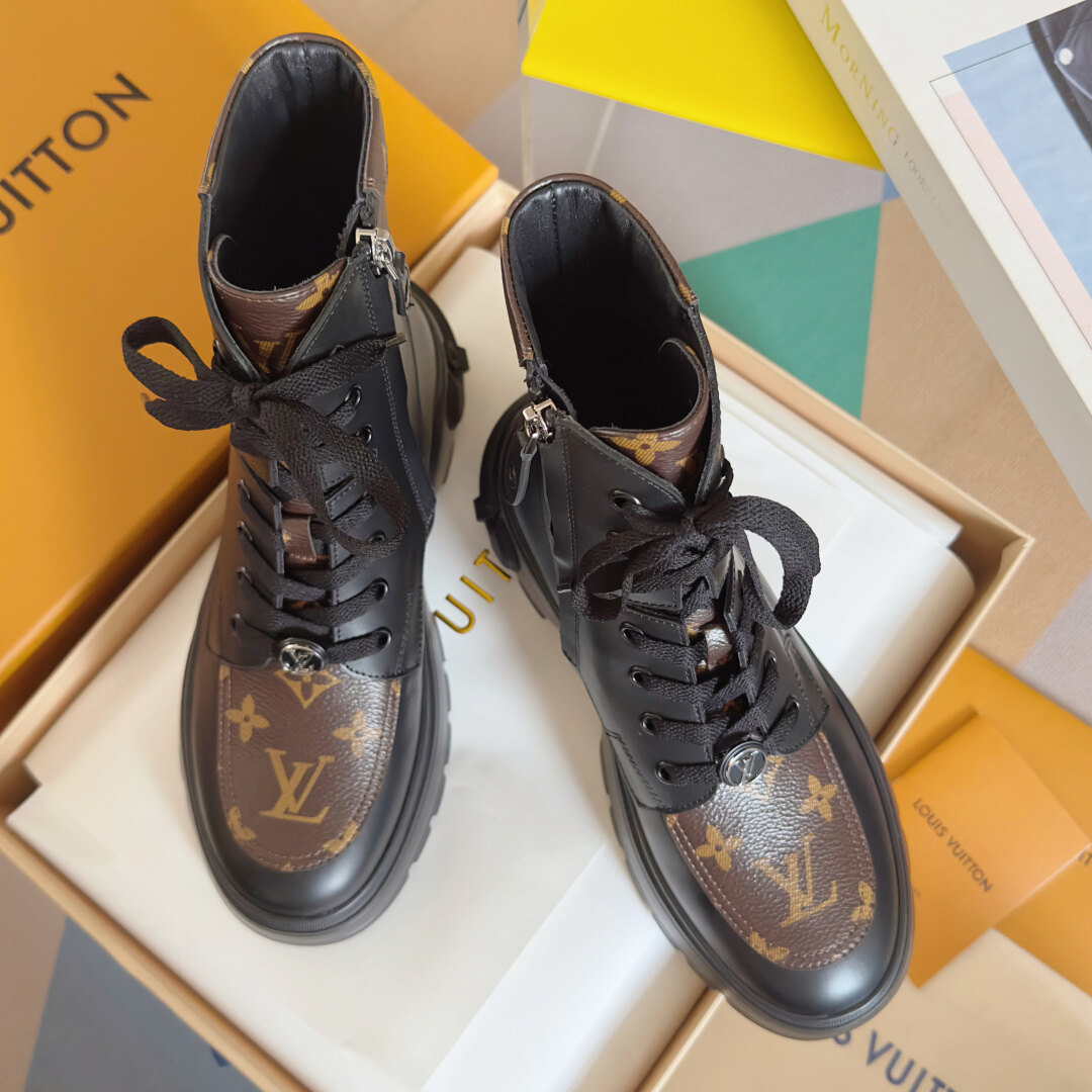 Louis Vuitton Black Leather & Monogram Canvas Side Zip Chunky Combat Ankle Boots