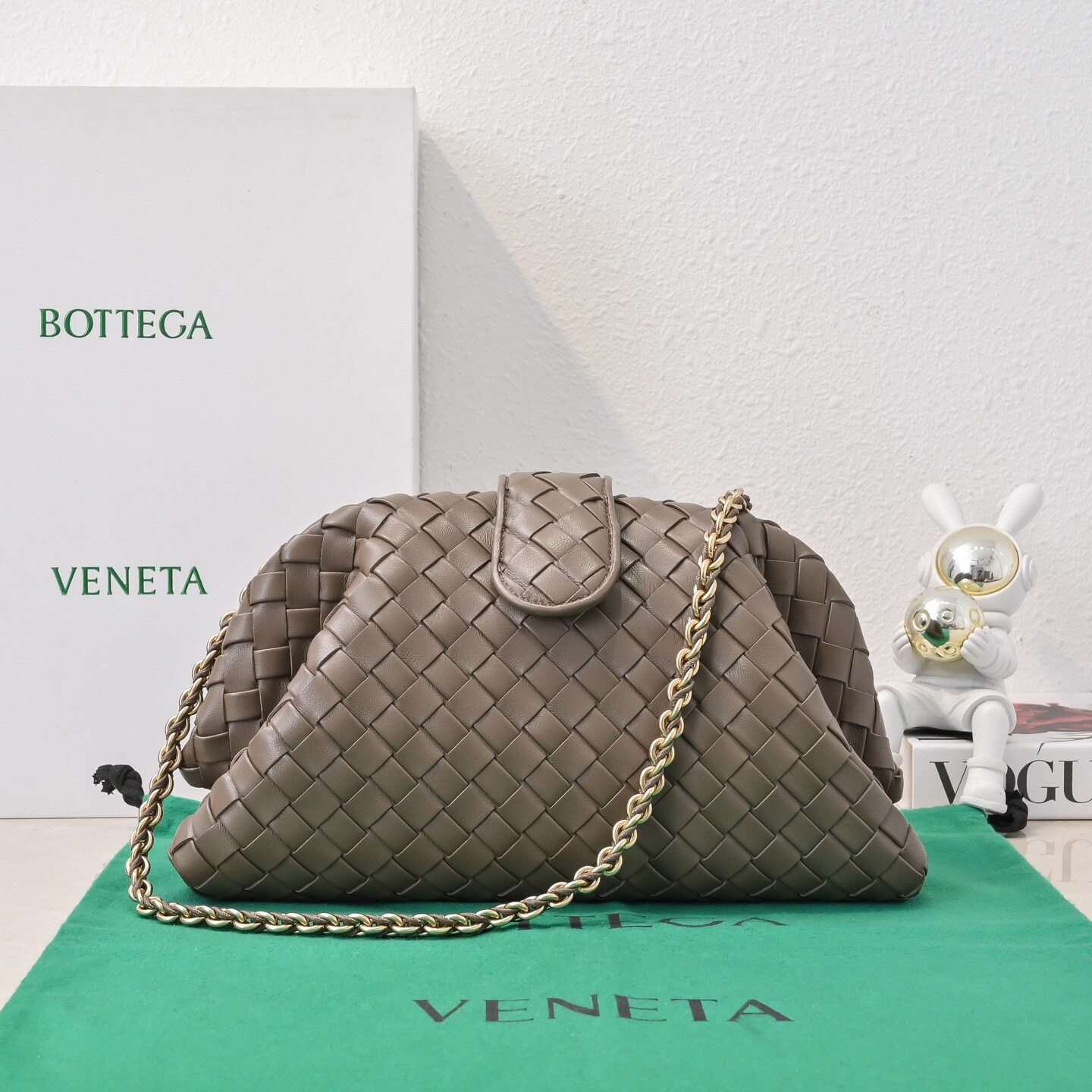 Bottega Veneta Elephant Grey Intrecciato Woven Gold Chain Cloud Clutch Crossbody Bag