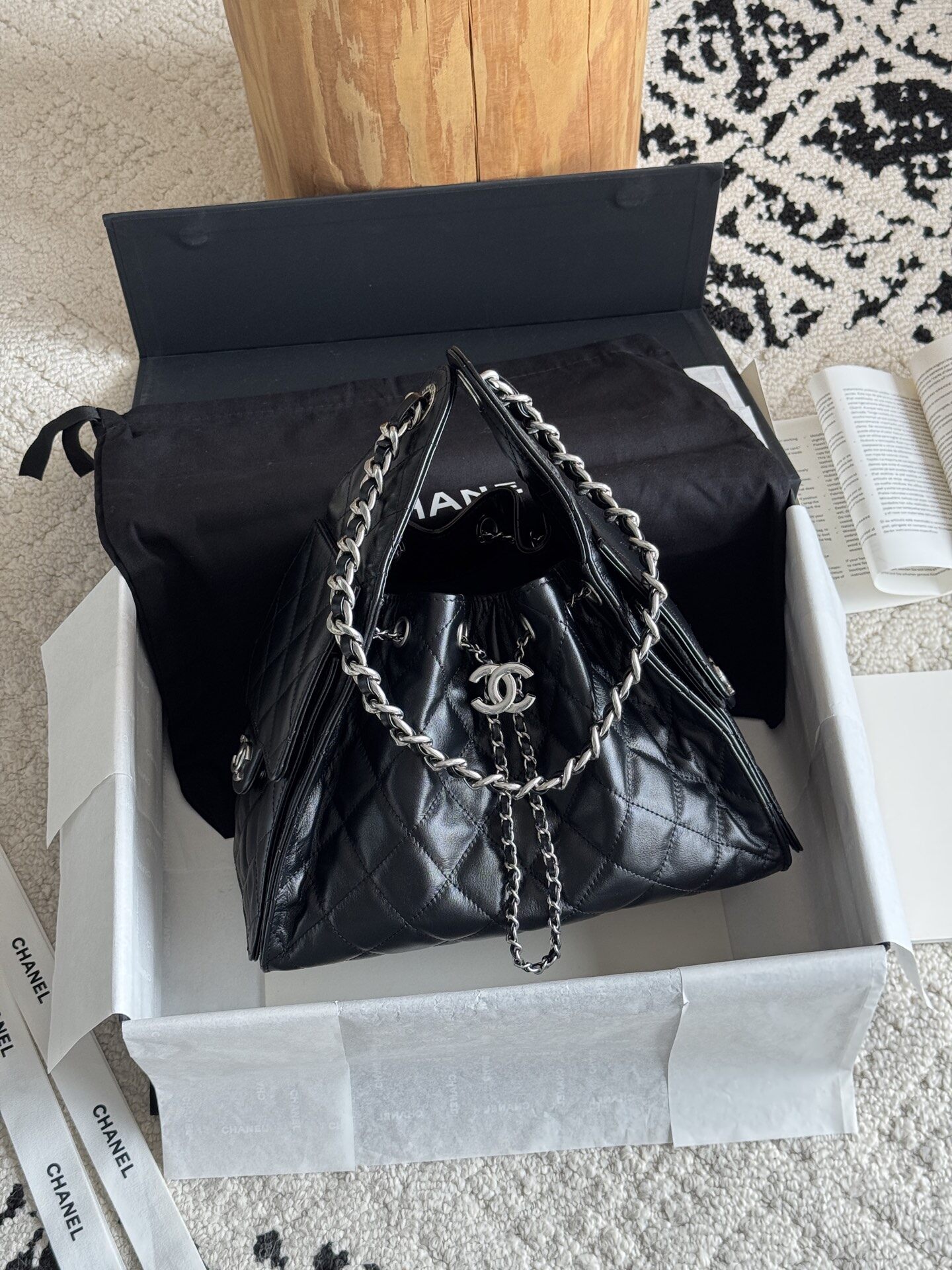 Chanel Chanel 25 Bag Black Silver Quilted Calfskin Bucket Bag