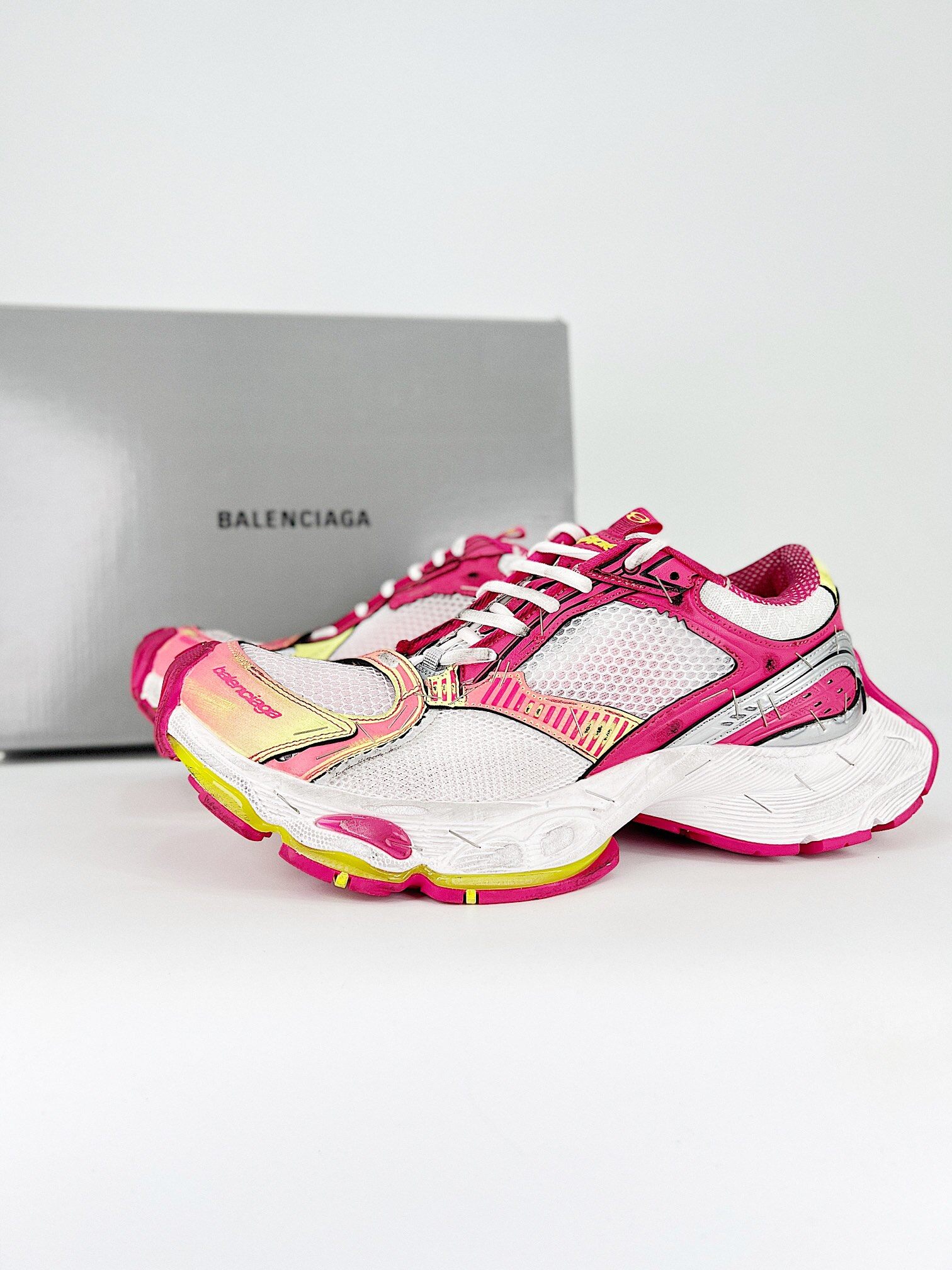 Balenciaga White Hot Pink Yellow Mesh Runner Distressed Chunky Retro Sneakers