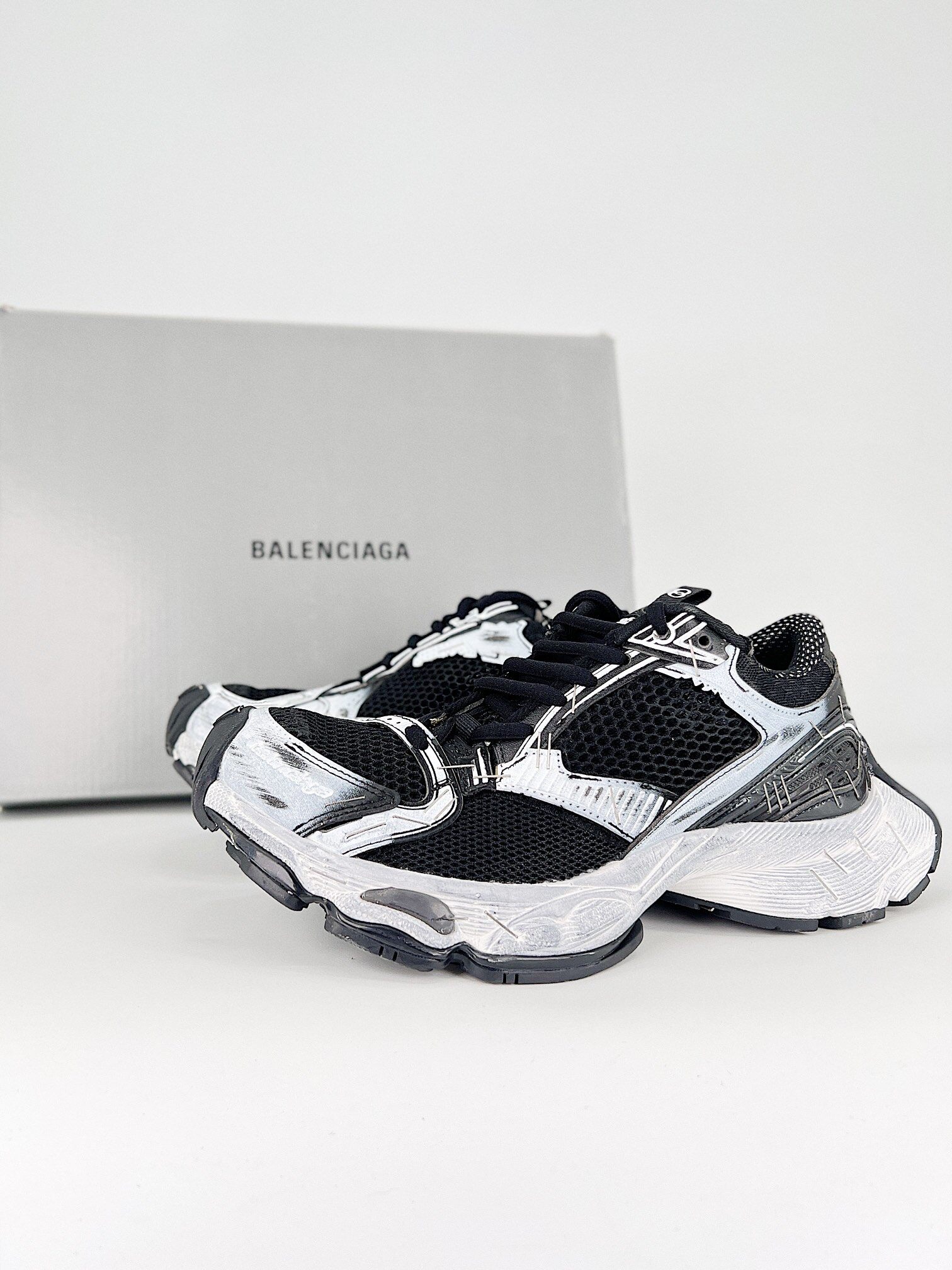 Balenciaga Black White Distressed Graffiti Mesh Runner Chunky Retro Sneakers