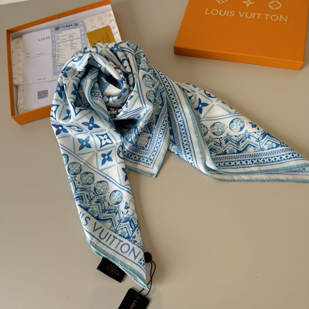 Louis Vuitton LV Blue‑White Geometric Floral Silk Scarf