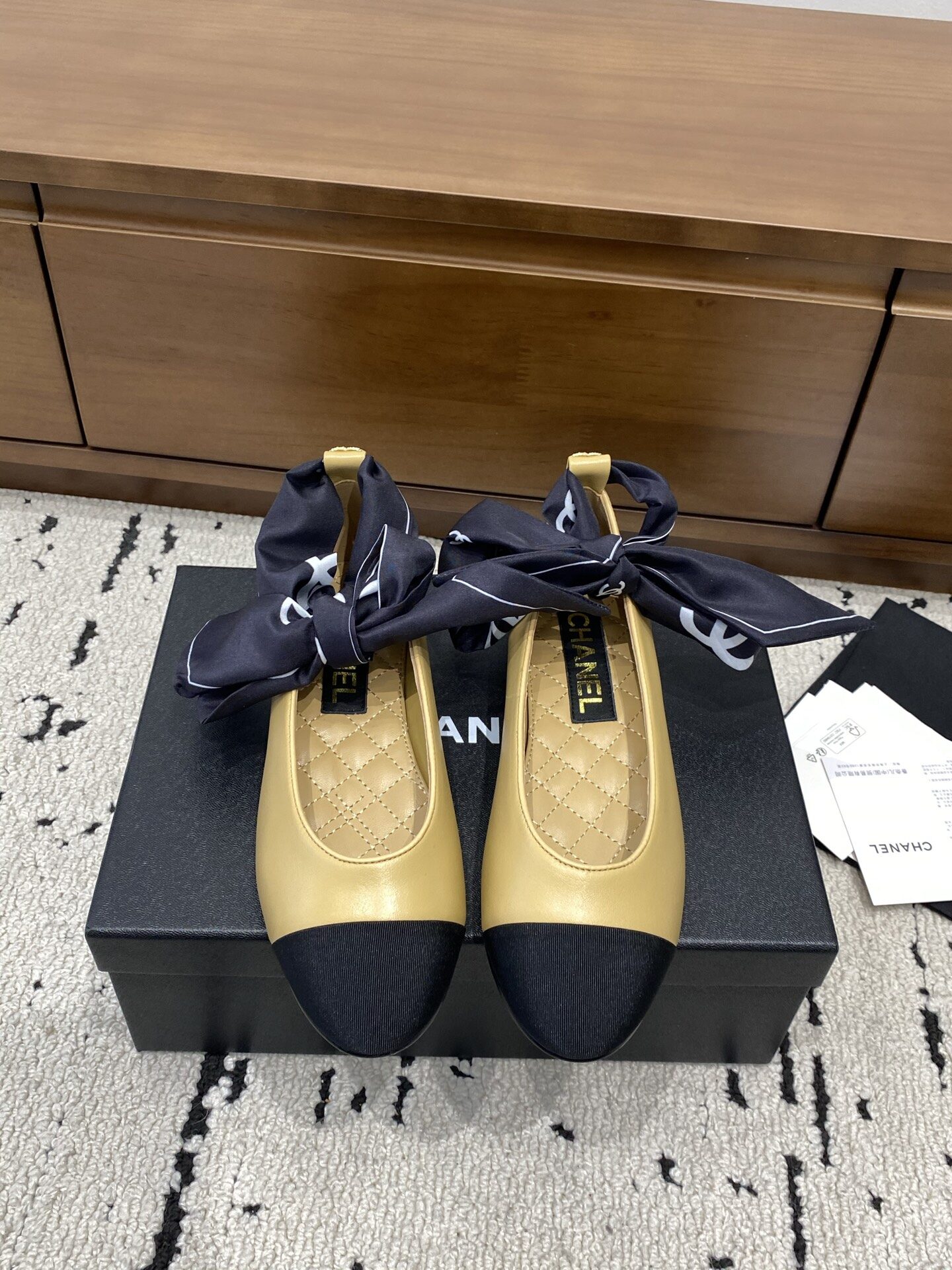 Chanel Yellow Black Two-Tone Lambskin CC Silk Bow Flat Ballet Shoes