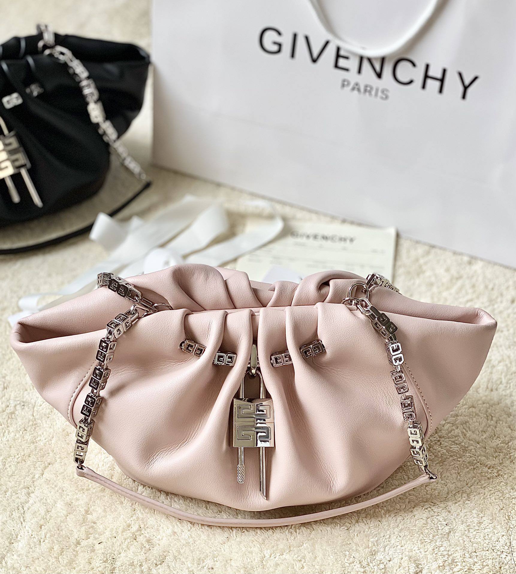 Givenchy Nude Soft Lambskin 4G Lock Ruched Cloud Chain Clutch Crossbody Bag