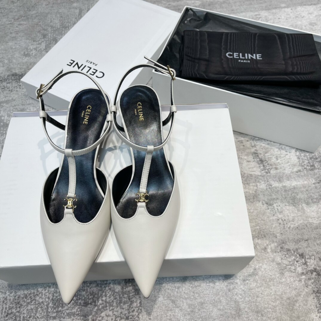 Celine  Off White Leather Triomphe Buckle T-Strap Slingback Pointed Toe Heeled Sandals