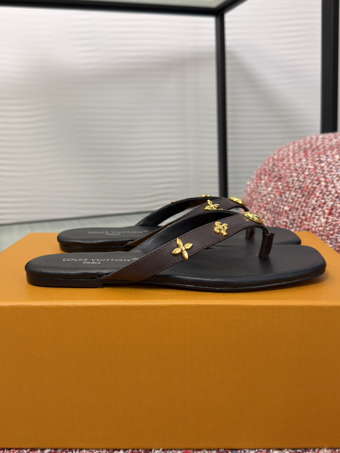 Louis Vuitton Dark Brown Leather Gold Flower Hardware Flat Thong Sandals