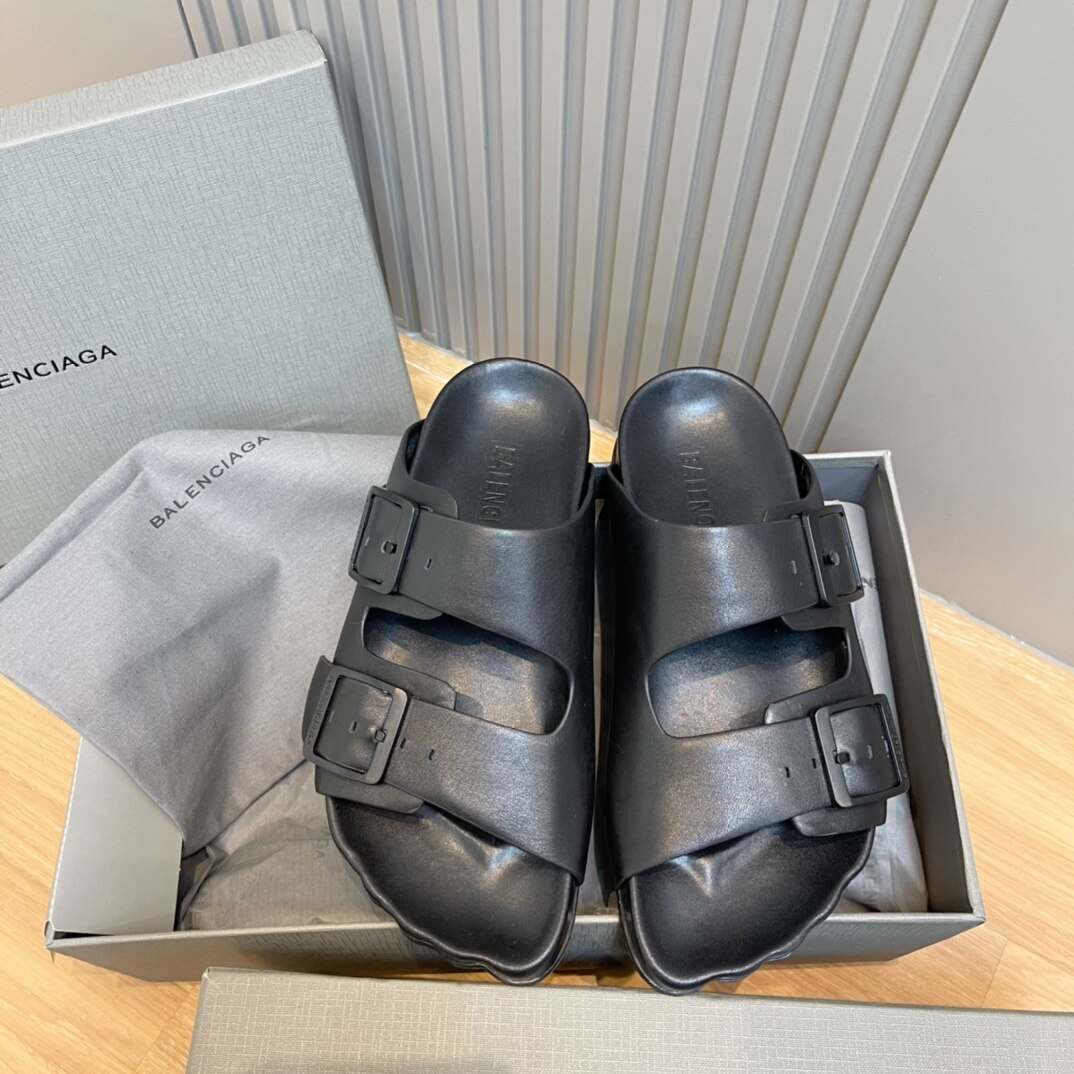 Balenciaga Black Dual Buckle Adjustable Leather Flat Slide Sandals