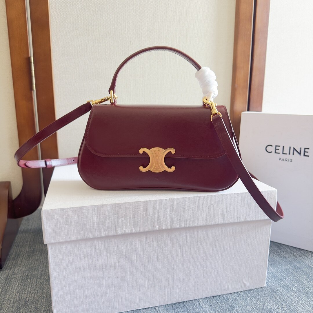 Celine Burgundy Shiny Leather Triomphe Mini Hand Crossbody Bag
