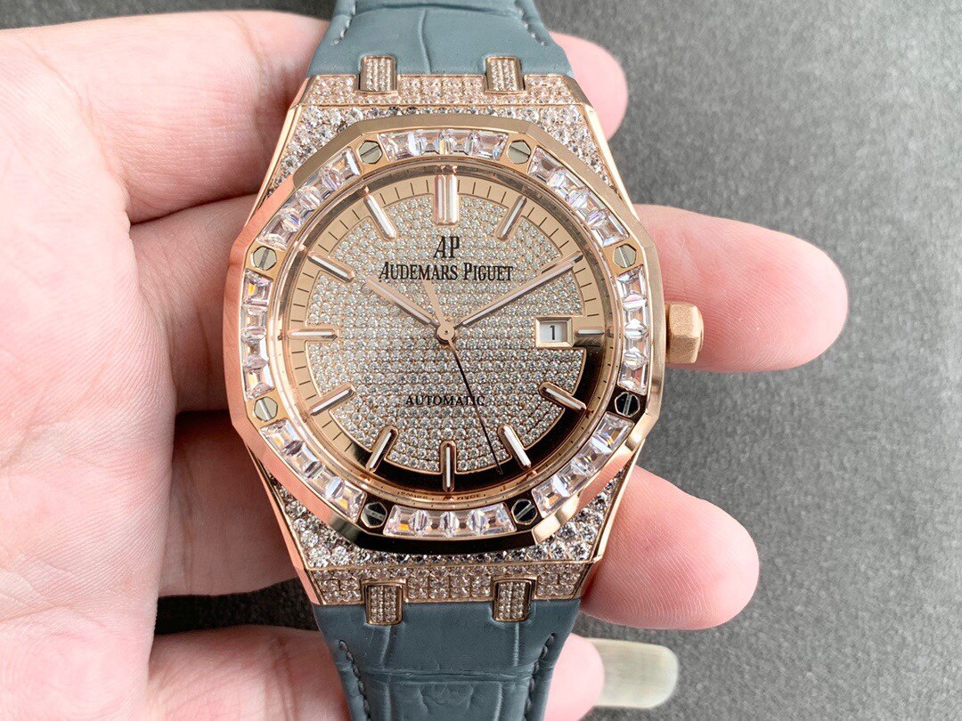 Audemars Piguet Audemars Piguet Royal Oak Rose Gold Full‑Diamond Grey‑Blue Leather Watch