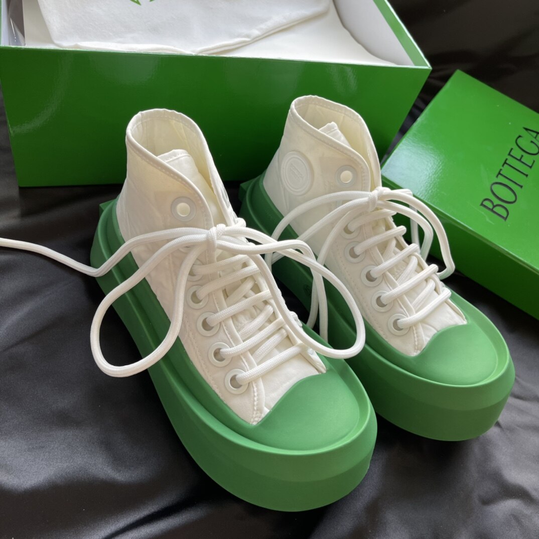Bottega Veneta  White Green Contrast Nylon Platform Lace-Up High Top Canvas Sneakers