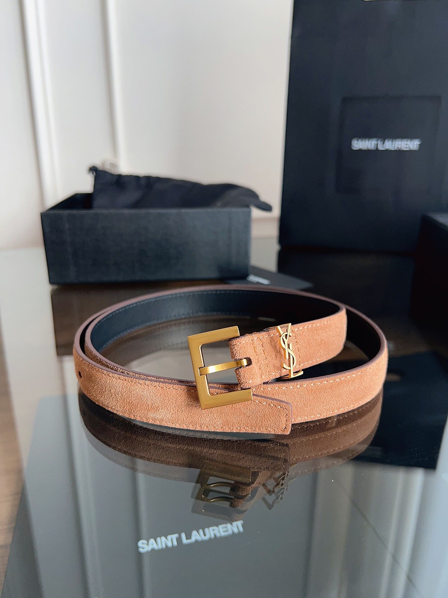 YSL YSL Saint Laurent YSL‑Logo Gold‑Tone Buckle Camel Suede Thin Belt