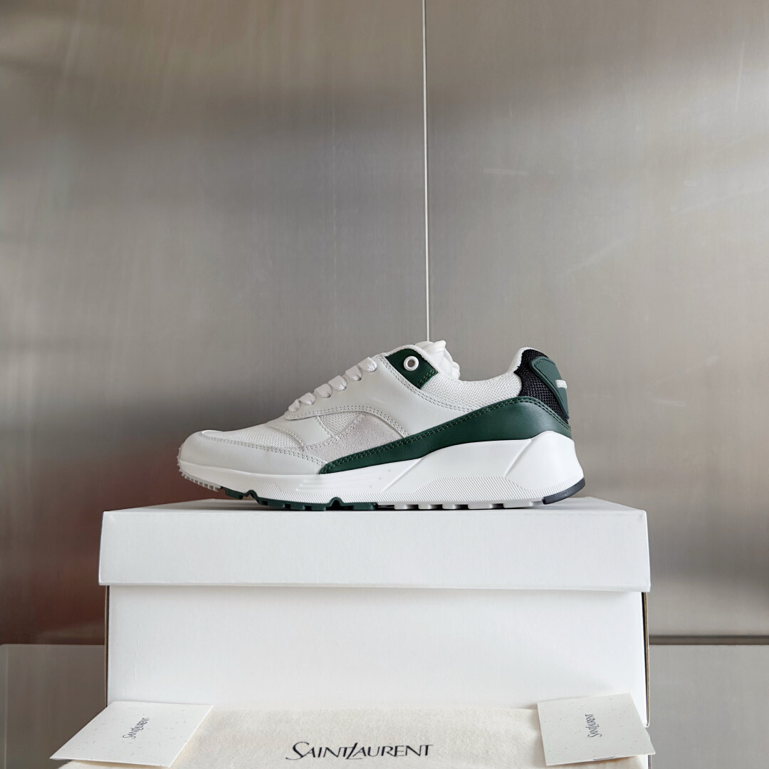Saint Laurent White Green Leather Mesh Retro Low-Top Platform Lace-Up Sneakers