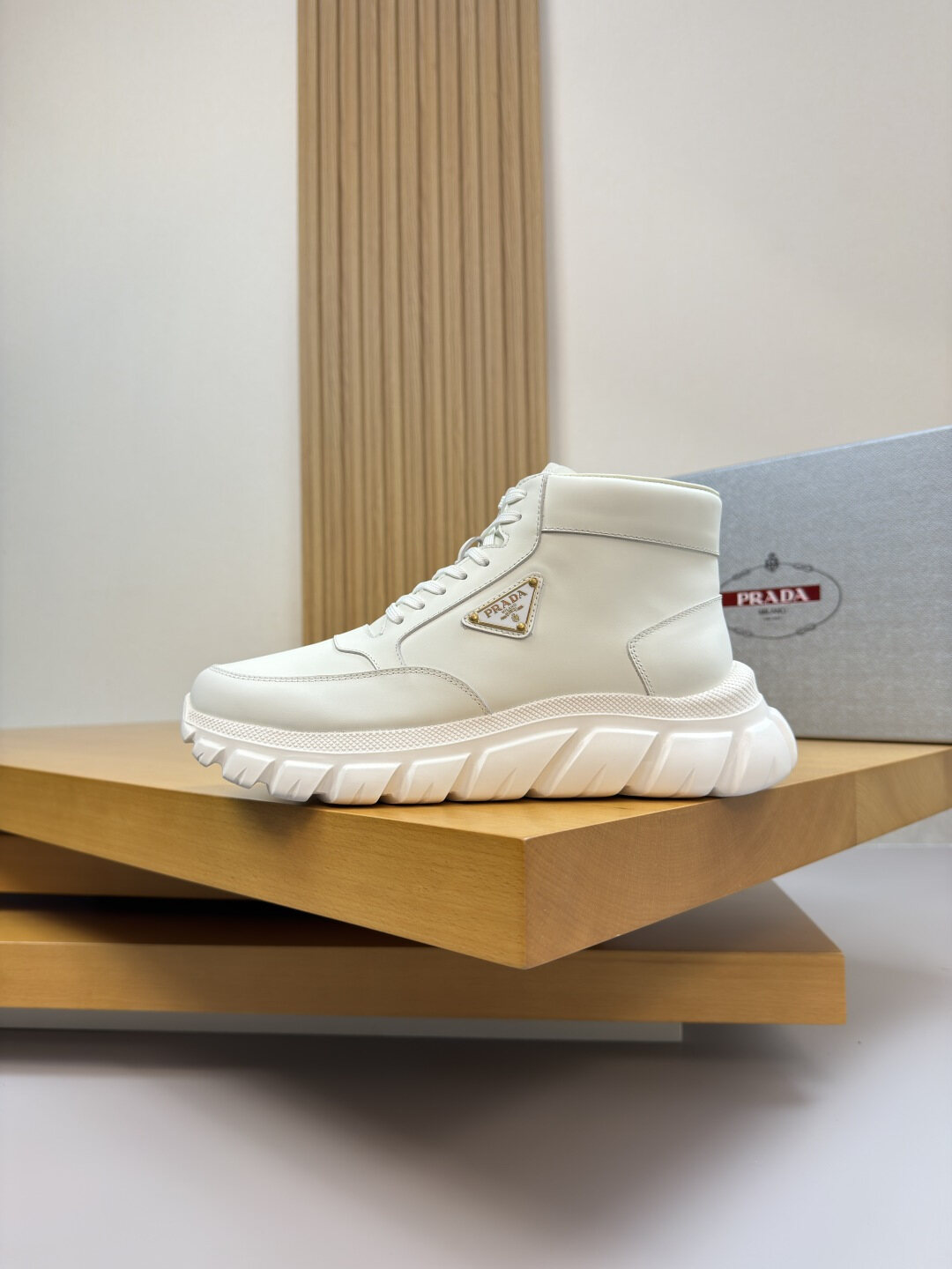 Prada White Leather Metal Triangle Logo Platform High Top Martin Boots