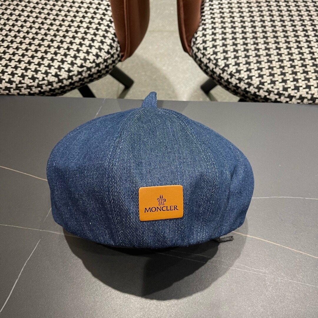Moncler Moncler Denim Leather‑Patch Beret Hat