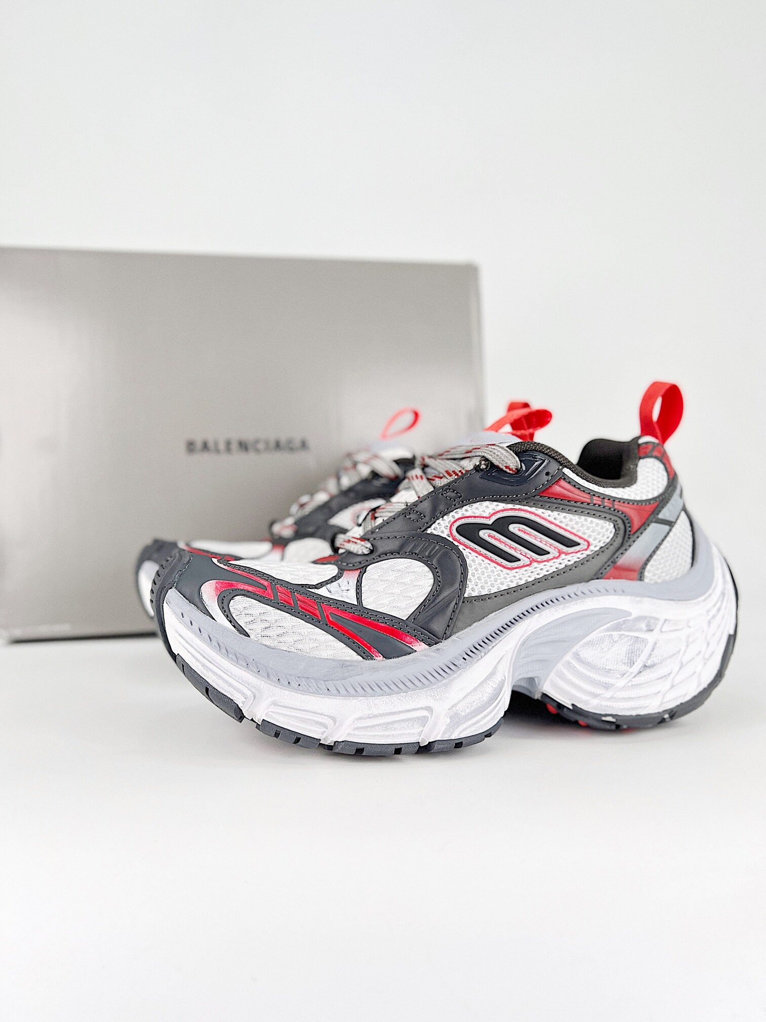 Balenciaga White Red Grey Color Block Mesh 3XL Retro Chunky Height Boost Sneakers