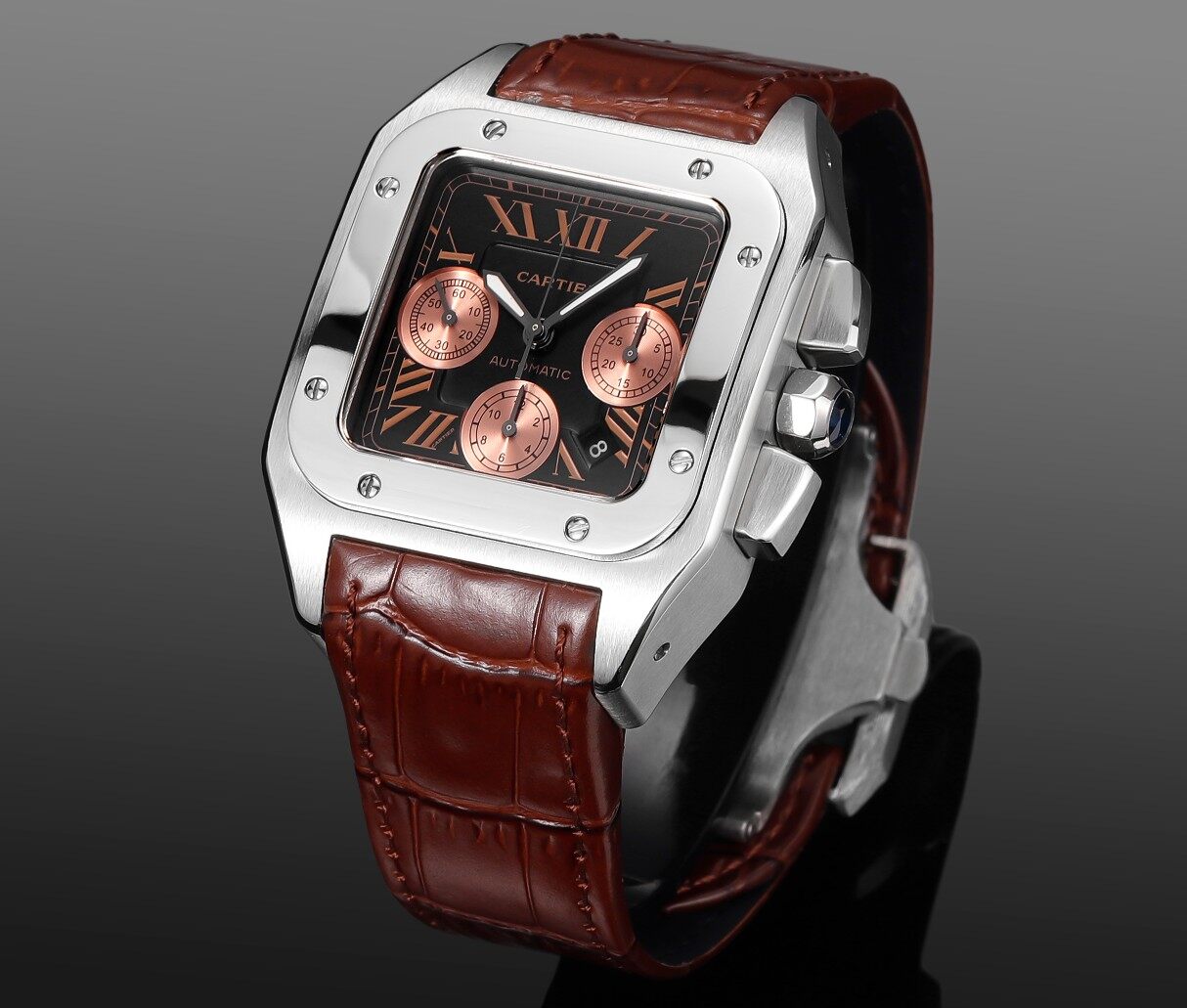 Cartier Cartier Santos Chronograph Black Dial Brown Alligator Men's Watch