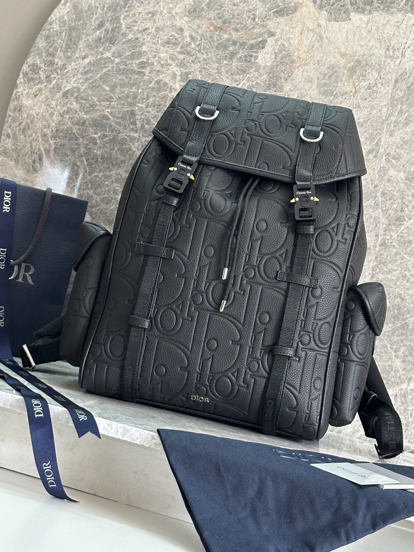 Dior Dior Black Oblique Embossed Grained Leather Flap Backpack