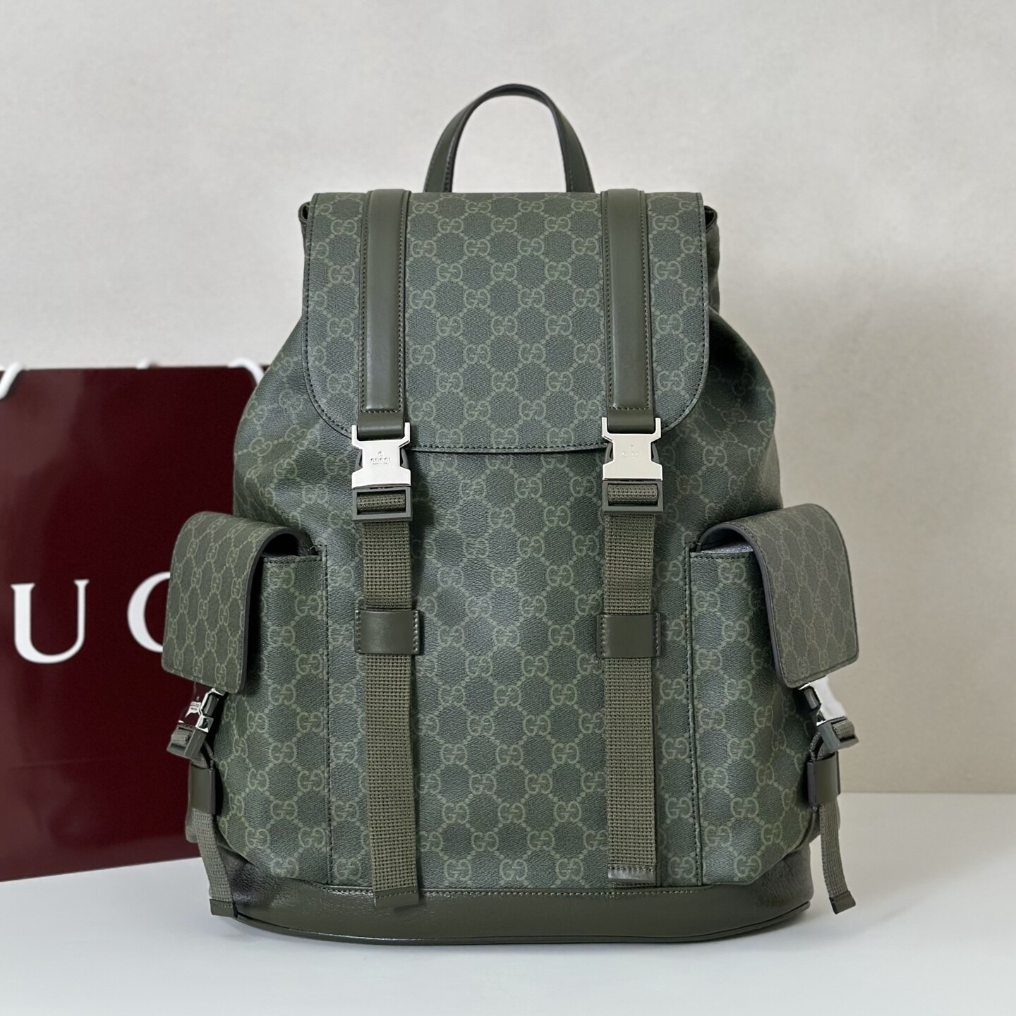 Gucci Gucci Army Green GG Supreme Flap Backpack